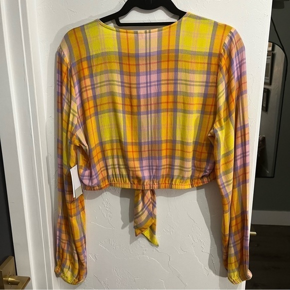 BP Yellow Orange Purple Tartan Plaid Front Tie Crop Top Medium - Picture 4 of 13